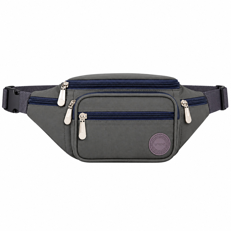 (image for) 2522 Grey Crinckled Nylon Bumbag W/6 Pockets (New)